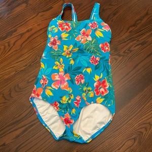 Lands' End Blue Floral One Piece Swimsuit